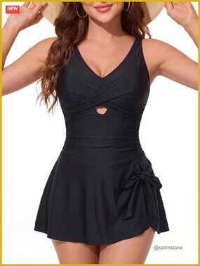 One Piece Swim Dress with Tummy Control Skirt Slimming V-Neck Twist Front